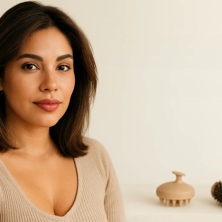 A confident brunette faces the camera beside a scalp massager and round brush, Keyoma hair care portrait.