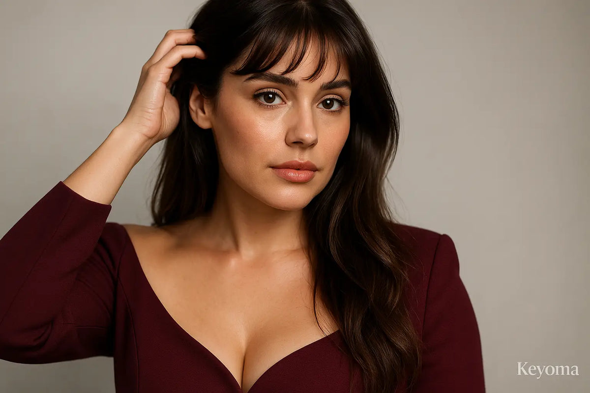 Brunette woman with soft waves and bangs touches hair, Keyoma portrait in clean beauty lighting.