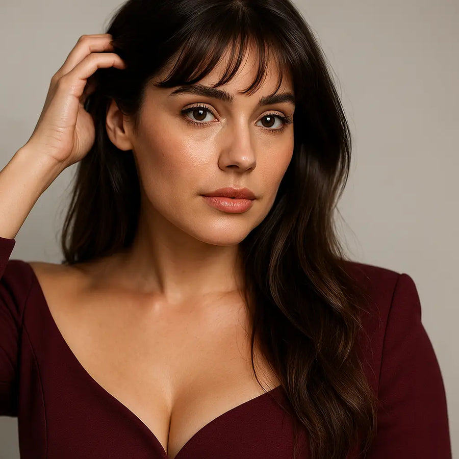 Brunette woman with soft waves and bangs touches hair, Keyoma portrait in clean beauty lighting.