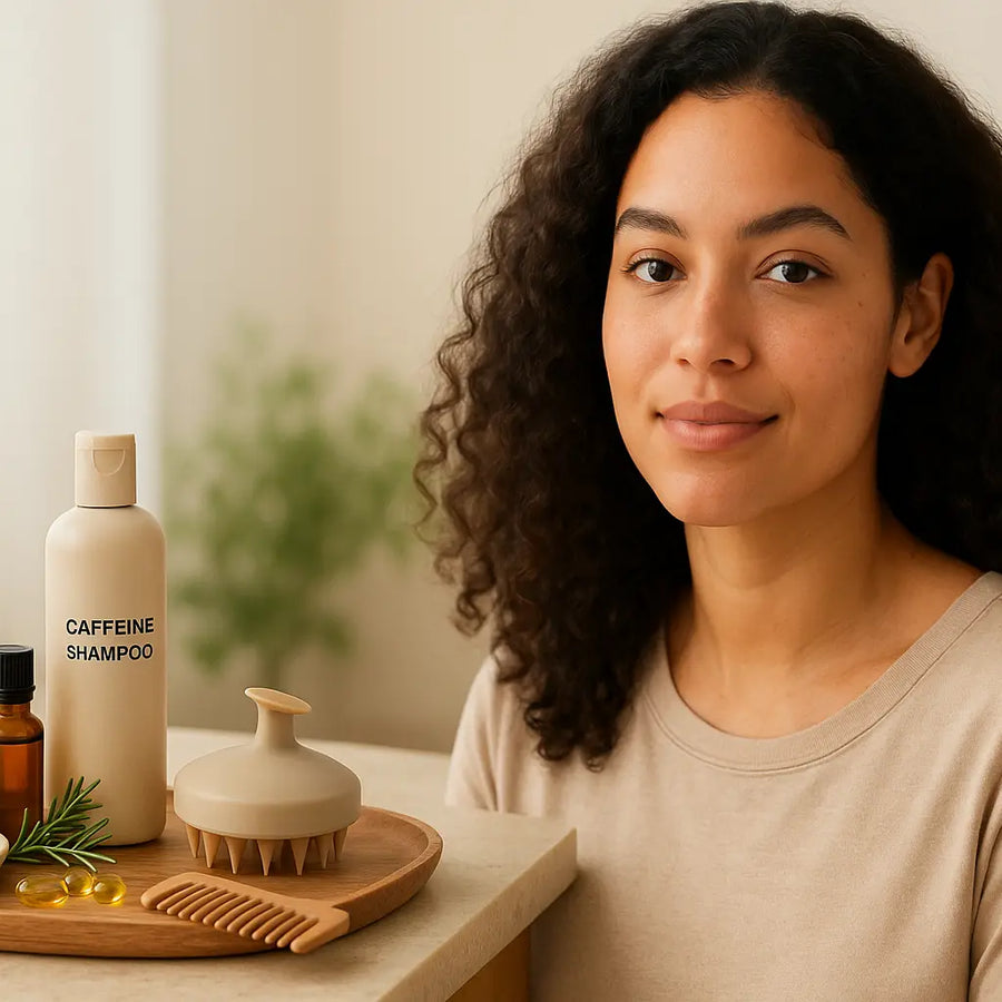 A woman with natural curls sits next to a tray holding Keyoma caffeine shampoo, amber essential-oil bottles, rosemary sprigs, a scalp massager, capsules, and a wooden comb, illustrating a calm daily hair-care routine.
