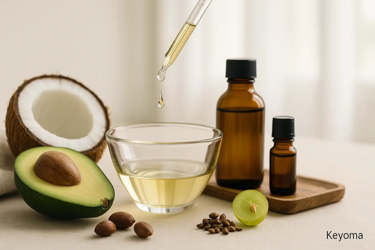 A glass dropper releases golden carrier oil into a small bowl, surrounded by a halved coconut, avocado, grape and seeds, argan nuts, and amber bottles on a neutral counter, illustrating Keyoma’s natural hair-oil ingredients.