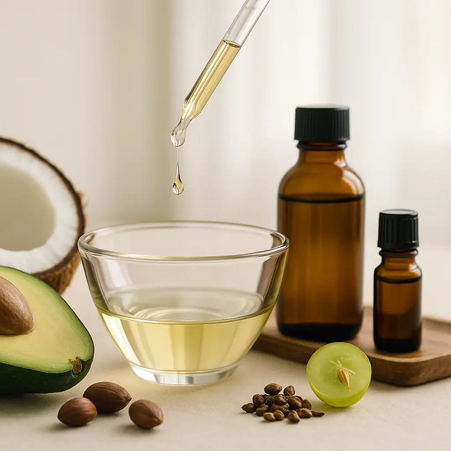 A glass dropper releases golden carrier oil into a small bowl, surrounded by a halved coconut, avocado, grape and seeds, argan nuts, and amber bottles on a neutral counter, illustrating Keyoma’s natural hair-oil ingredients.