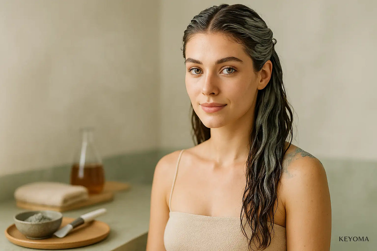 Model with damp hair wears a Keyoma bentonite clay mask, seated in a calm bathroom treatment.