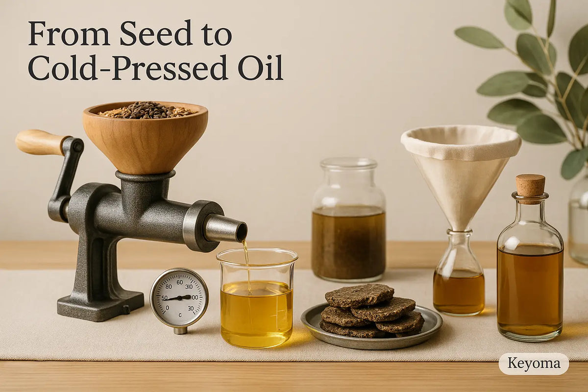 This image shows a tabletop cold-press setup turning seeds into golden oil with a thermometer, fabric filter, brown glass bottles, and seed cakes, illustrating Keyoma’s seed-to-bottle cold-pressed process.