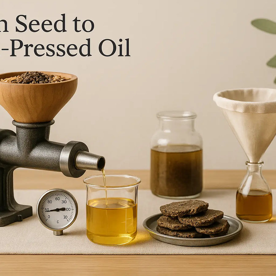 This image shows a tabletop cold-press setup turning seeds into golden oil with a thermometer, fabric filter, brown glass bottles, and seed cakes, illustrating Keyoma’s seed-to-bottle cold-pressed process.