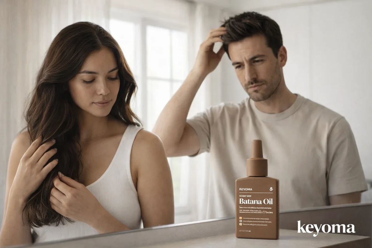 Man and woman at bathroom mirror with Keyoma Batana Oil on counter.
