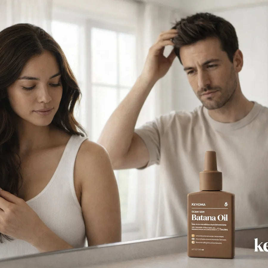 Man and woman at bathroom mirror with Keyoma Batana Oil on counter.