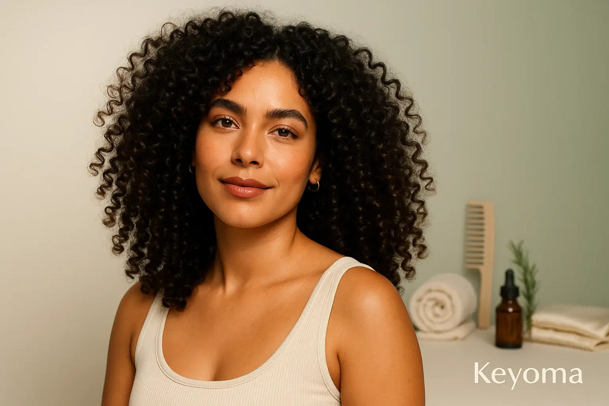 Keyoma portrait of woman with defined curls in bathroom setting, showing healthy curly hair care results.
