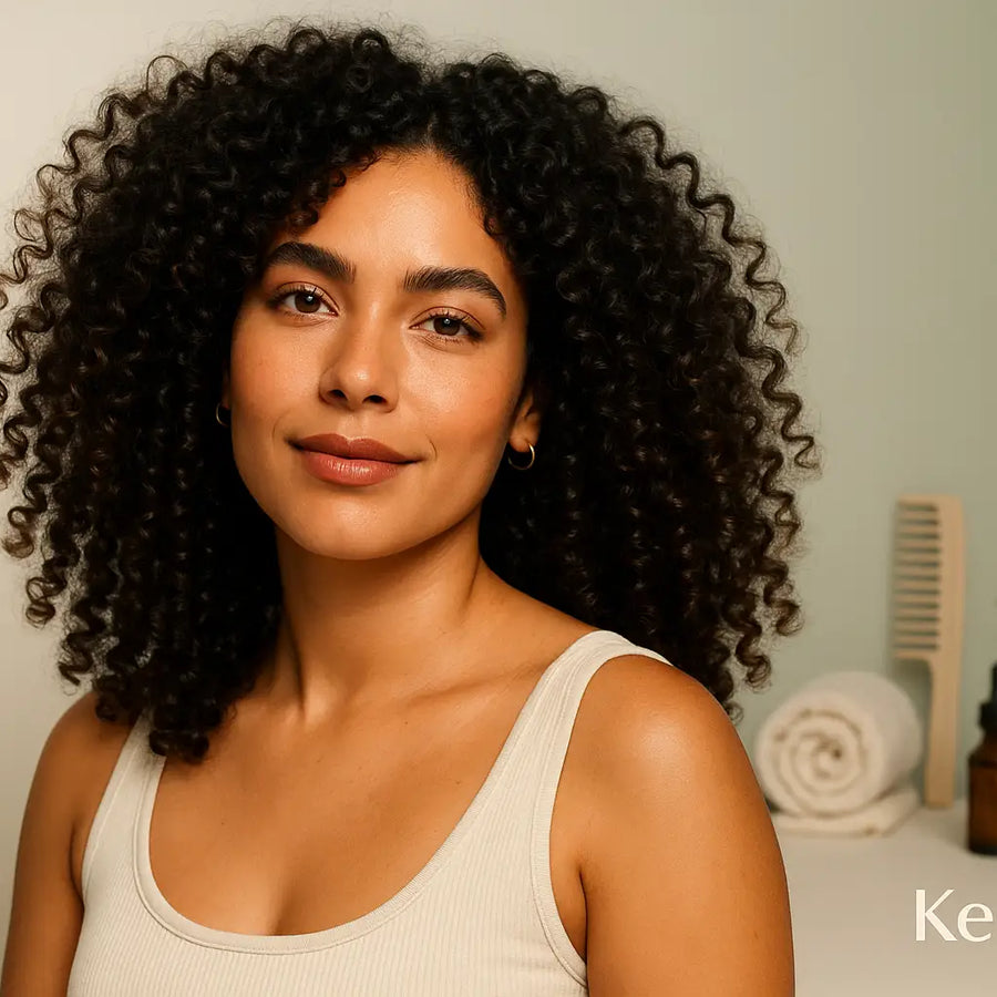 Keyoma portrait of woman with defined curls in bathroom setting, showing healthy curly hair care results.