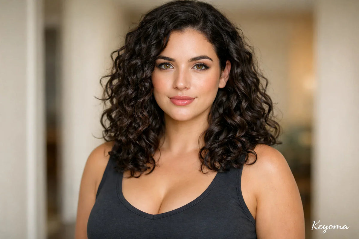 Woman with healthy curly hair and natural makeup poses confidently, representing curl definition and balance by Keyoma.