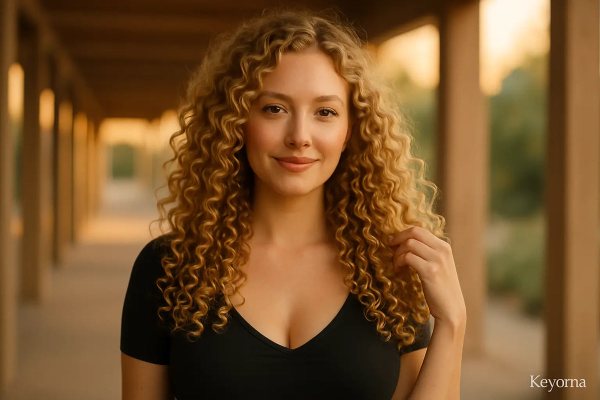Golden-hour portrait of woman with defined blonde curls; Keyoma highlights healthy volume and frizz control.