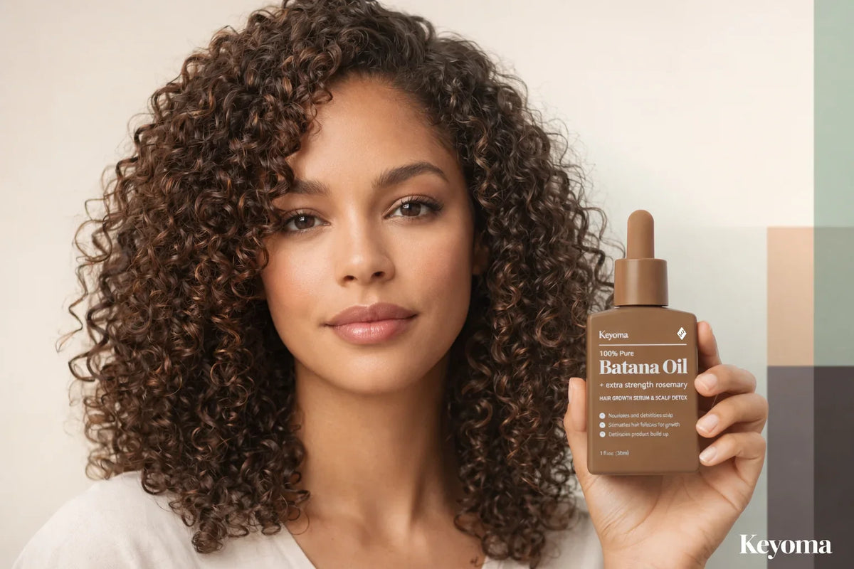 Model with defined curls holds Keyoma batana oil, highlighting natural curl definition and healthy hair shine.