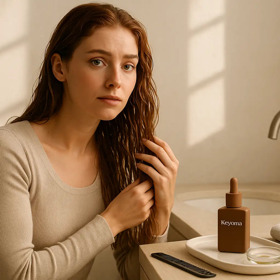 A woman with damp hair sits by a sink and prepares to smooth Keyoma hair oil through her ends beside a comb, small dish, and towel.