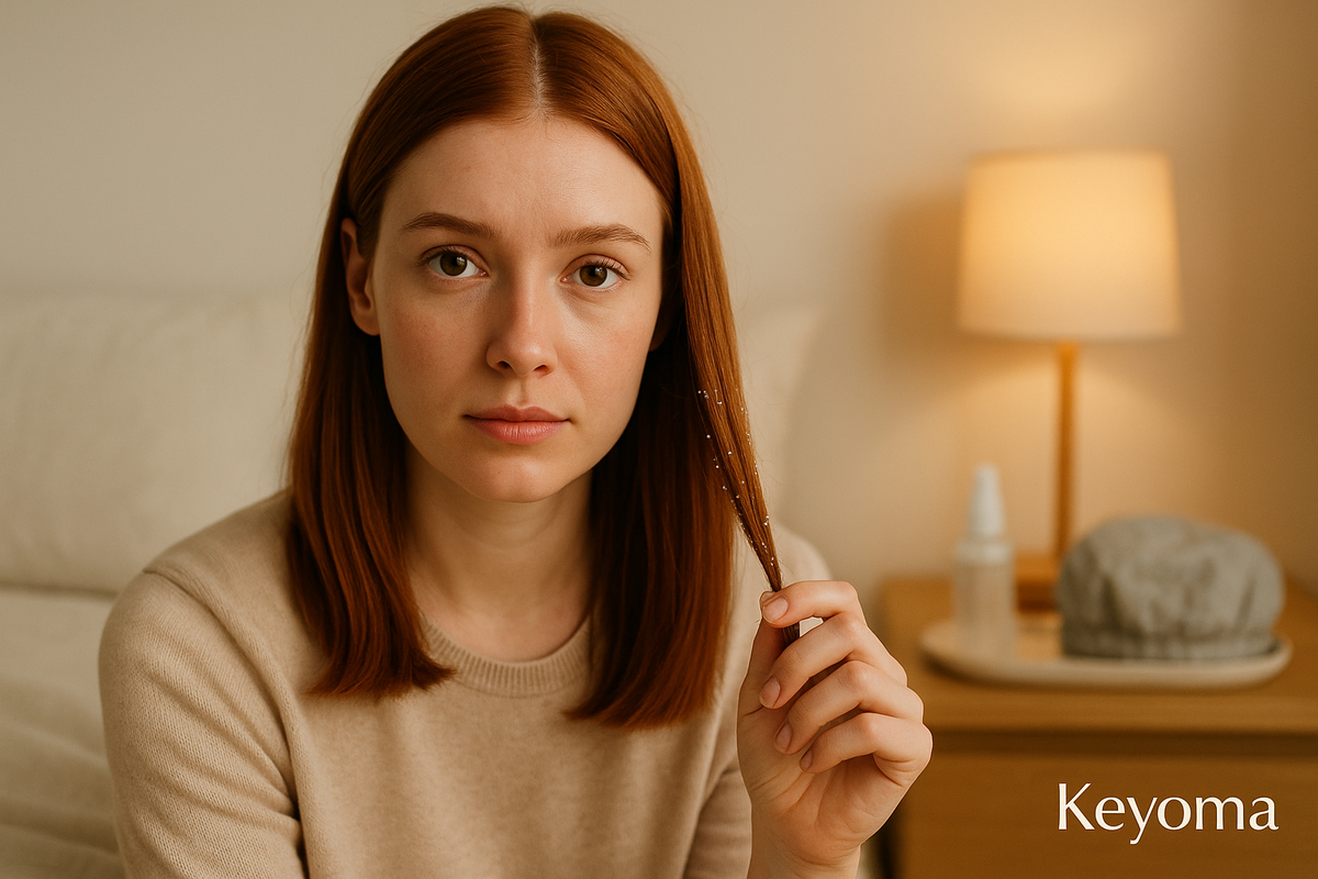 A woman holds the end of her auburn hair to show visible white flakes, illustrating possible dandruff or product buildup in a cozy bedroom setting, as demonstrated by Keyoma.