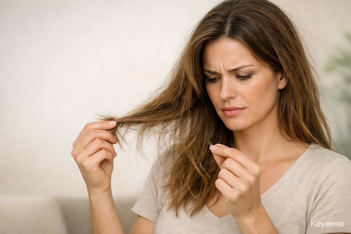 Woman examines split ends with concern, highlighting Keyoma guidance for repairing damaged hair and breakage.