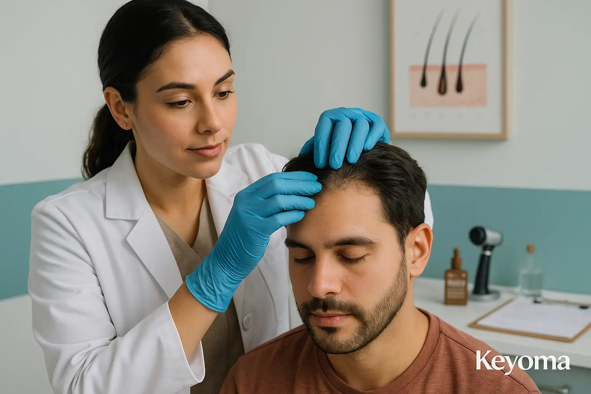 A dermatologist wearing gloves examines a man’s scalp during a hair consultation at Keyoma.