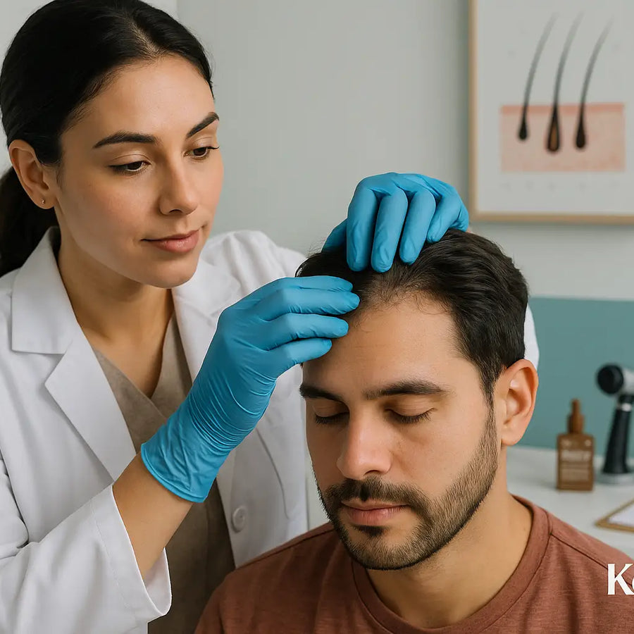 A dermatologist wearing gloves examines a man’s scalp during a hair consultation at Keyoma.