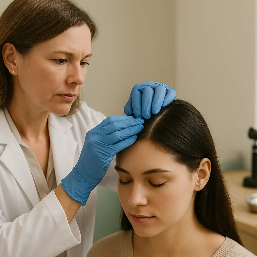 A dermatologist in gloves carefully examines a woman’s scalp in a clinical setting, with a Keyoma product placed on the table in the background.