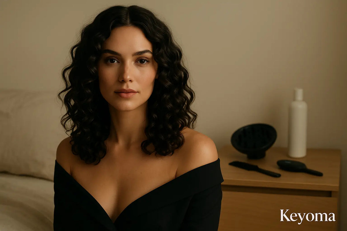 Brunette with defined curls sits near diffuser and brushes, featuring Keyoma curl care, nighttime routine.