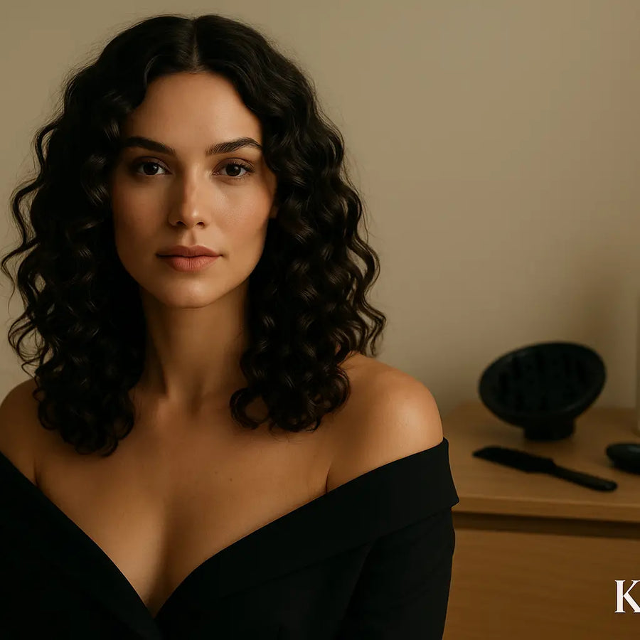 Brunette with defined curls sits near diffuser and brushes, featuring Keyoma curl care, nighttime routine.