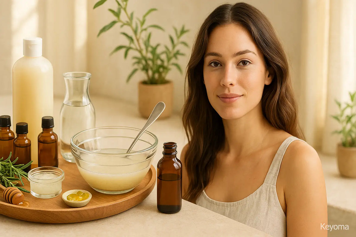 A woman sits at a bright counter with rosemary, small amber bottles, and a foamy mixing bowl as she prepares a DIY rosemary shampoo in a Keyoma tutorial.