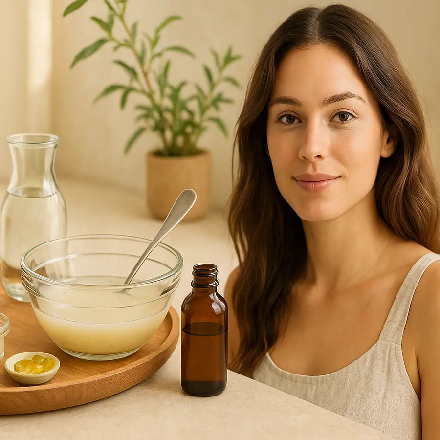 A woman sits at a bright counter with rosemary, small amber bottles, and a foamy mixing bowl as she prepares a DIY rosemary shampoo in a Keyoma tutorial.