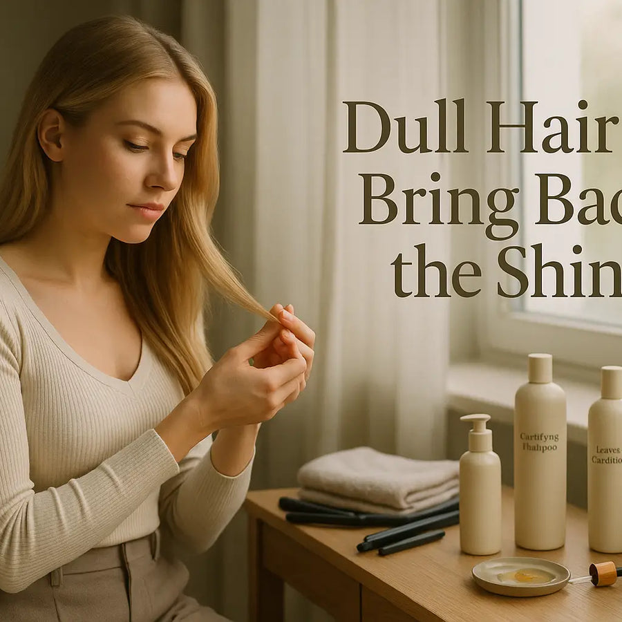 A woman checks her hair by a window beside clarifying shampoo, leave-in conditioner, and oil, illustrating Keyoma steps to bring back shine.
