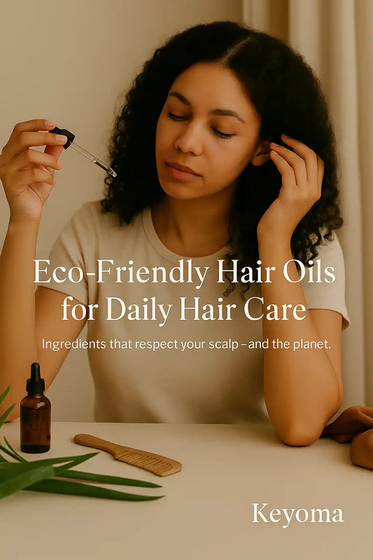 Woman applying eco-friendly hair oil with intention, representing Keyoma’s clean and conscious hair care philosophy