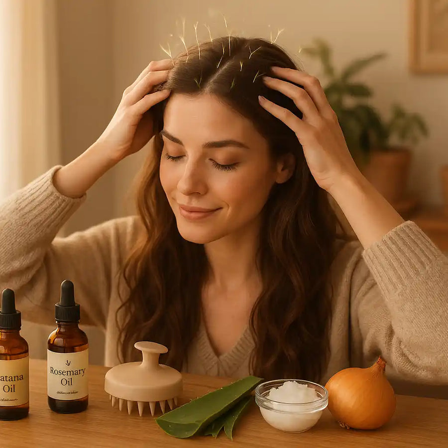 A woman gently massaging her scalp in a cozy home setting with Keyoma Batana oil, rosemary oil, a scalp massager, aloe vera, coconut oil, and onion on a wooden table, symbolizing natural at-home hair growth treatments.