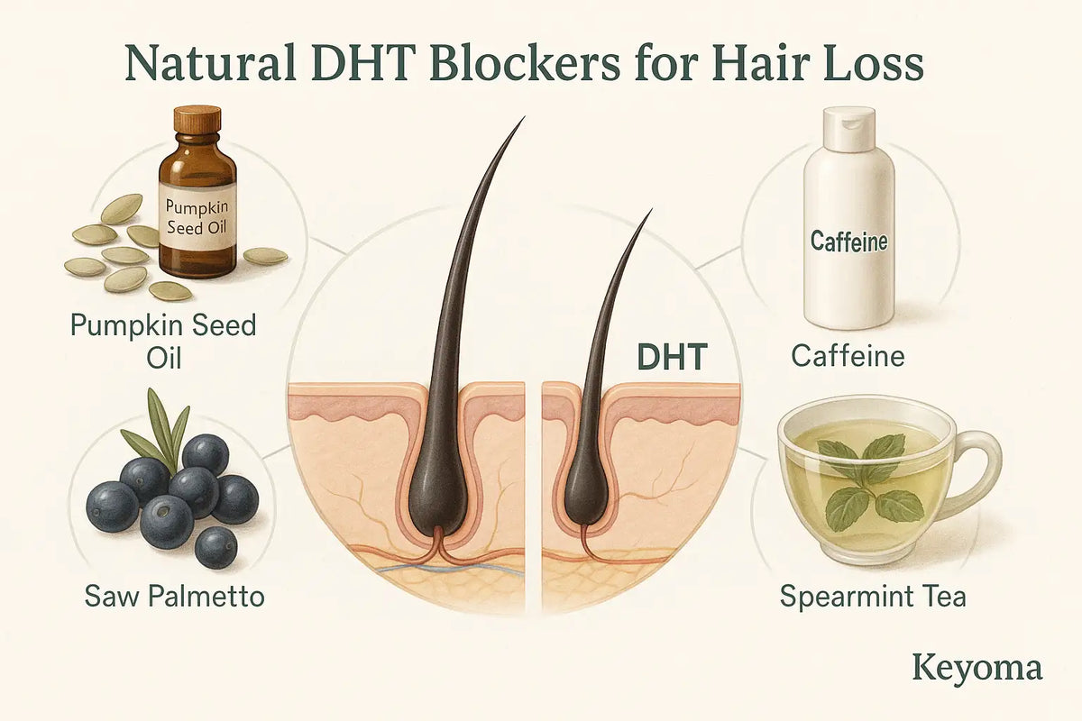 An educational Keyoma infographic showing natural DHT blockers for hair loss, including pumpkin seed oil, saw palmetto, caffeine, and spearmint tea, illustrated with hair follicle diagrams.