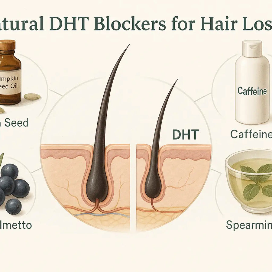 An educational Keyoma infographic showing natural DHT blockers for hair loss, including pumpkin seed oil, saw palmetto, caffeine, and spearmint tea, illustrated with hair follicle diagrams.