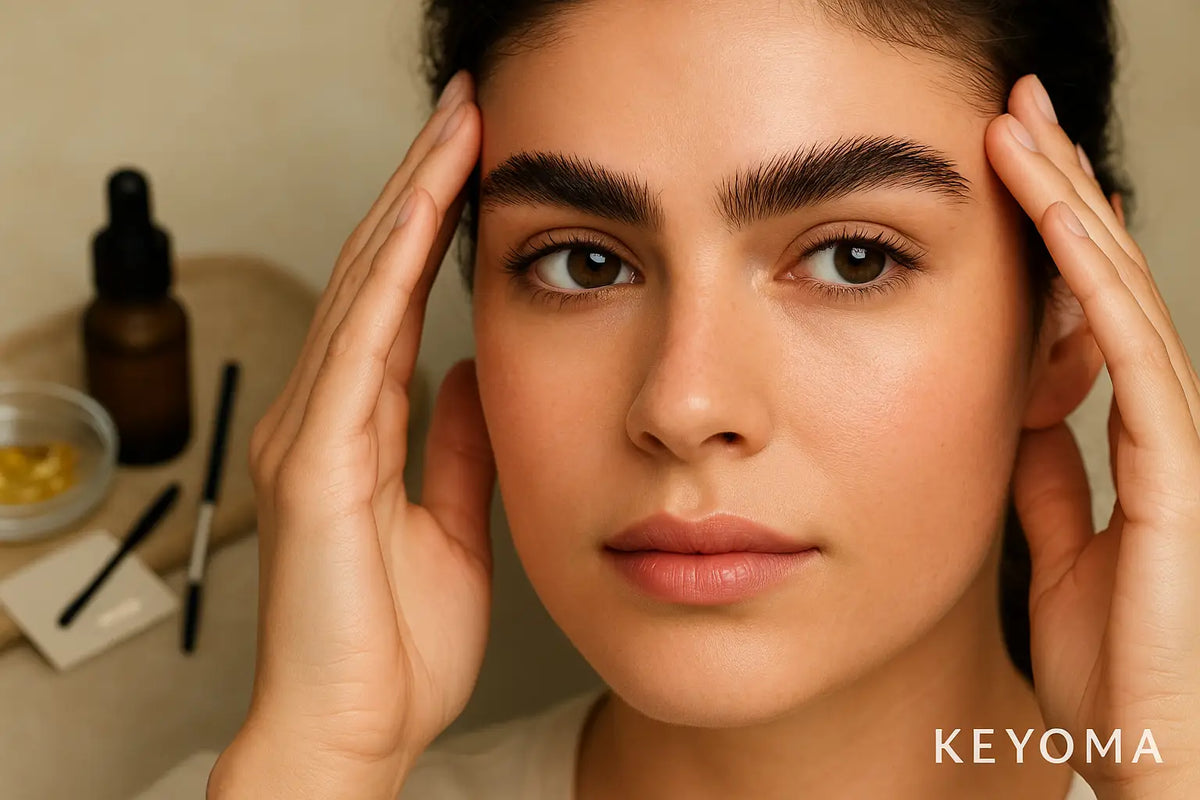 Close-up woman with full, brushed eyebrows touches temples, Keyoma brow oil and brush visible, eyebrow growth.
