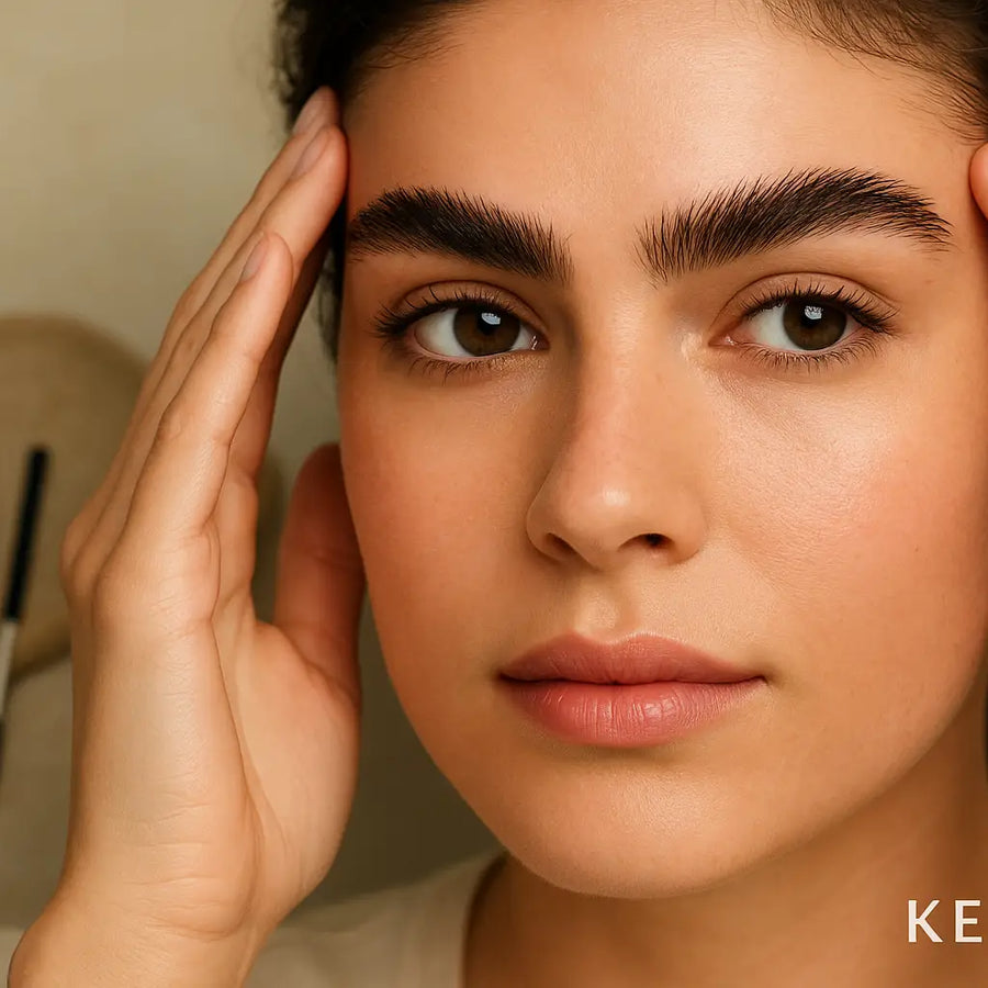 Close-up woman with full, brushed eyebrows touches temples, Keyoma brow oil and brush visible, eyebrow growth.