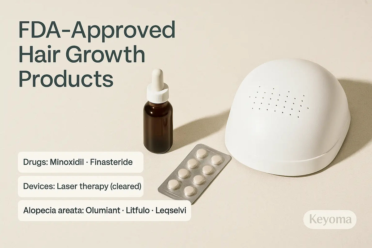 Keyoma photo shows a brown dropper bottle, a blister pack of pills, and a white laser therapy cap with captions noting minoxidil and finasteride as approved drugs, laser therapy as a cleared device, and Olumiant, Litfulo, and Leqselvi for alopecia areata.