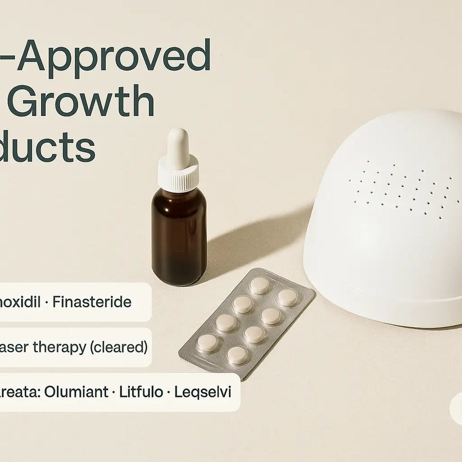 Keyoma photo shows a brown dropper bottle, a blister pack of pills, and a white laser therapy cap with captions noting minoxidil and finasteride as approved drugs, laser therapy as a cleared device, and Olumiant, Litfulo, and Leqselvi for alopecia areata.