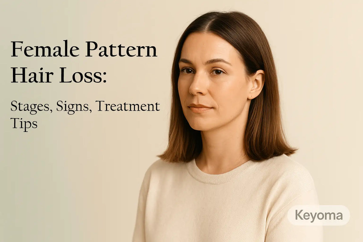 A Keyoma banner features a neutral portrait of a woman beside the title about female pattern hair loss, introducing stages, signs, and treatment tips.