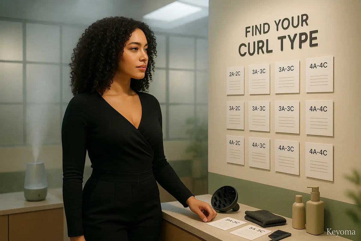 A curly haired woman reviews a wall chart labeled “Find Your Curl Type” beside diffuser tools in a studio, illustrating Keyoma’s curl type guide.