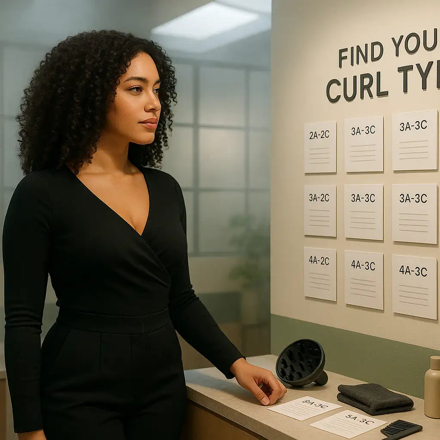 A curly haired woman reviews a wall chart labeled “Find Your Curl Type” beside diffuser tools in a studio, illustrating Keyoma’s curl type guide.