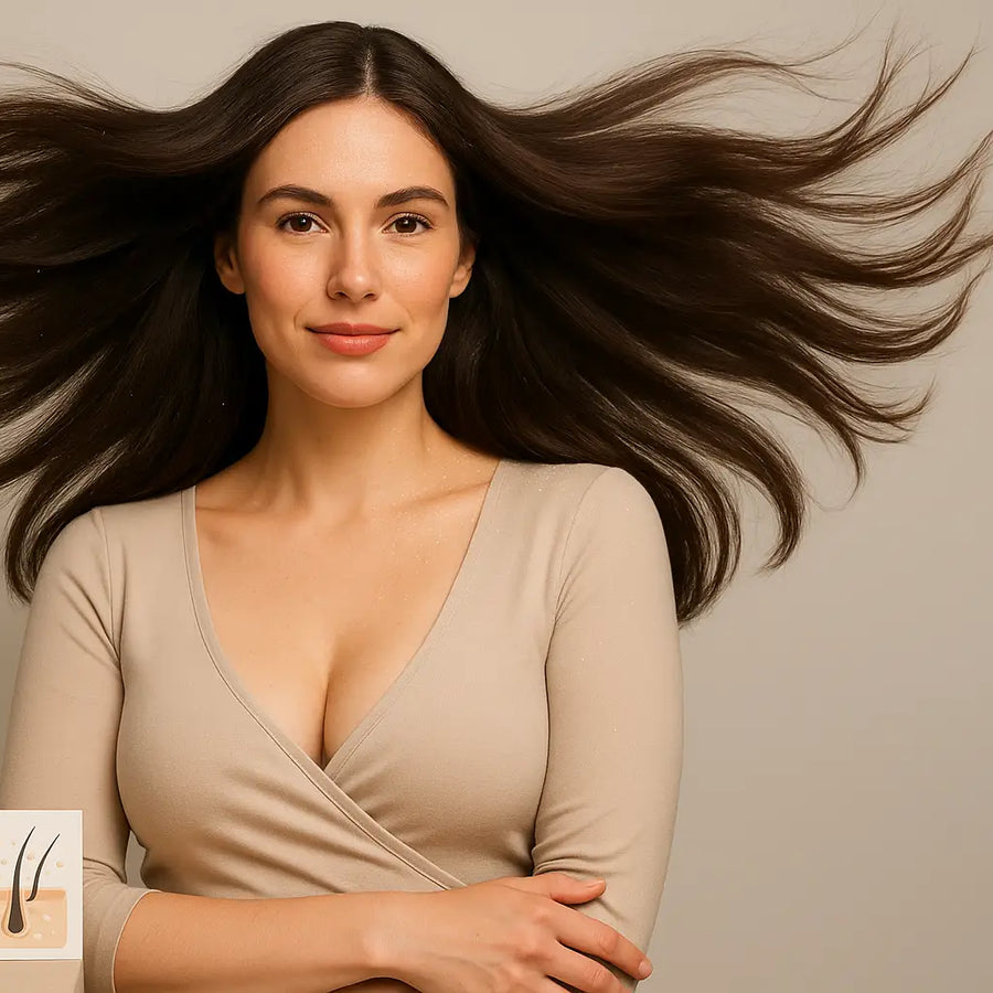 Woman with long hair fanning outward beside Keyoma styling products, highlighting smooth finish and flyaways control.