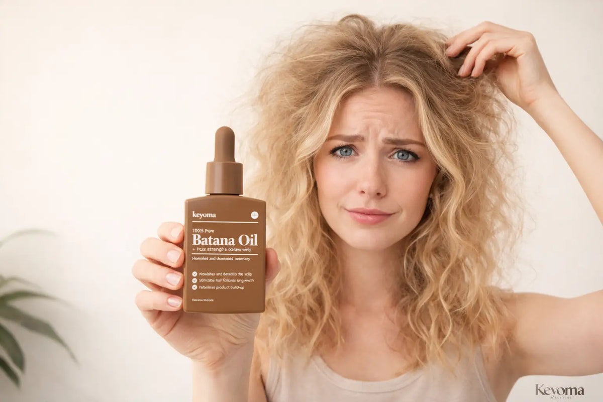 Woman with frizzy blonde hair holds Keyoma Batana Oil, highlighting flyaways and dryness.