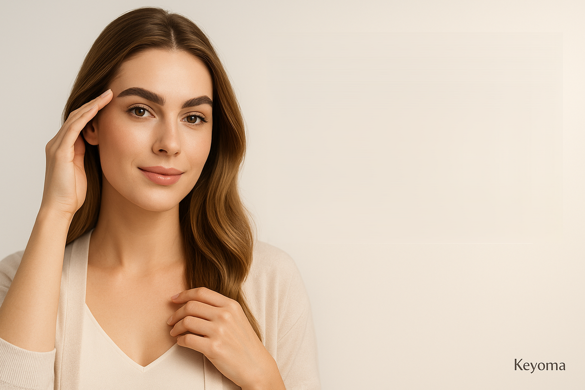 Smiling woman showcasing naturally full brows; Keyoma aesthetic portrait on neutral background, healthy hair, skincare.