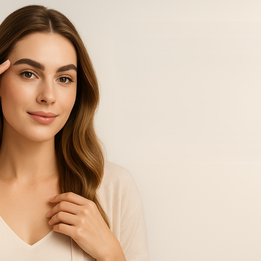 Smiling woman showcasing naturally full brows; Keyoma aesthetic portrait on neutral background, healthy hair, skincare.