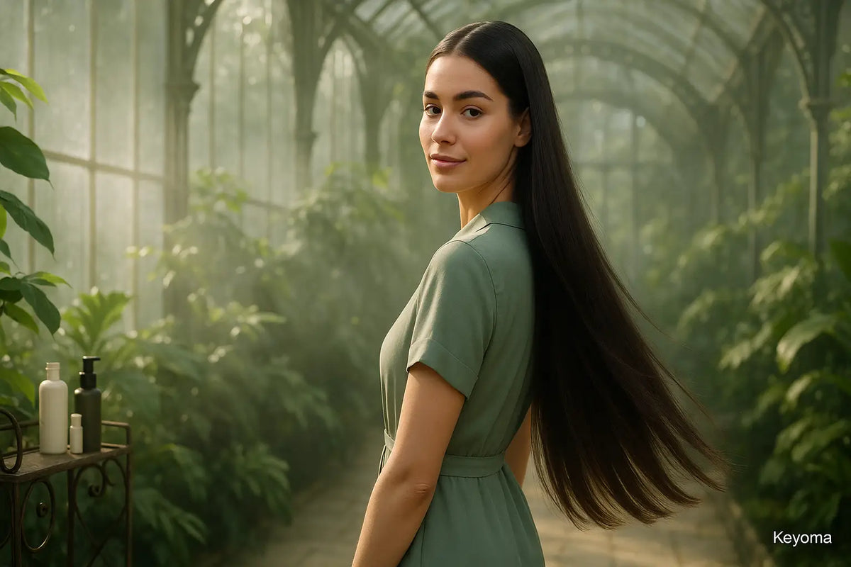 A woman with very long, sleek dark hair in a sage-green dress looks over her shoulder inside a misty glasshouse, with Keyoma hair-care bottles on a small stand and soft light filtering through the plants.