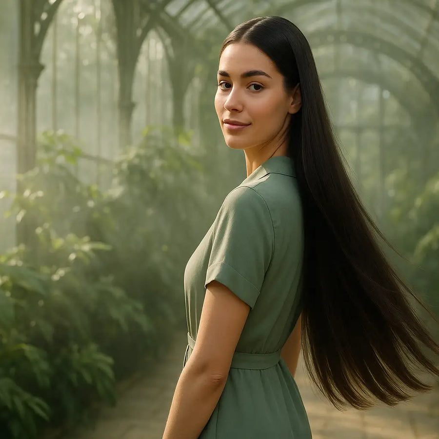 A woman with very long, sleek dark hair in a sage-green dress looks over her shoulder inside a misty glasshouse, with Keyoma hair-care bottles on a small stand and soft light filtering through the plants.