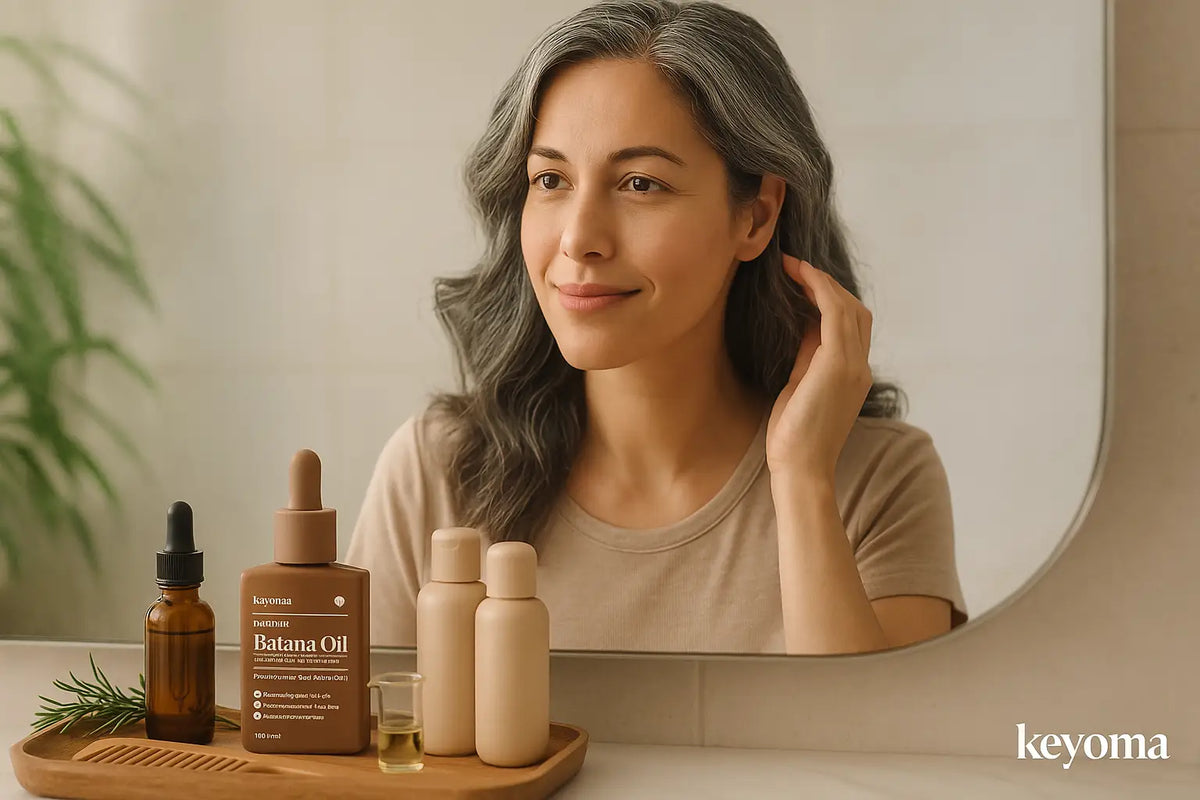 A woman with natural gray hair smiles in her bathroom mirror while touching her hair, with a wooden tray holding Keyoma Batana Oil, a dropper bottle, small refill bottles, a glass beaker, and a rosemary sprig for a gentle gray-hair care routine.