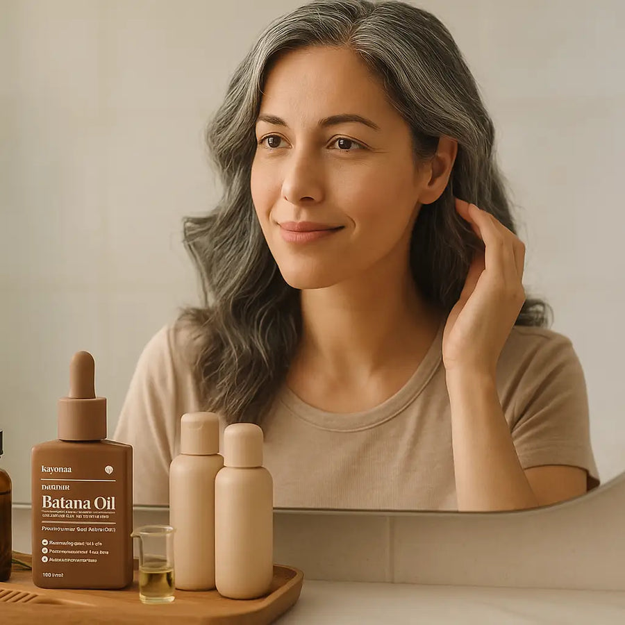 A woman with natural gray hair smiles in her bathroom mirror while touching her hair, with a wooden tray holding Keyoma Batana Oil, a dropper bottle, small refill bottles, a glass beaker, and a rosemary sprig for a gentle gray-hair care routine.