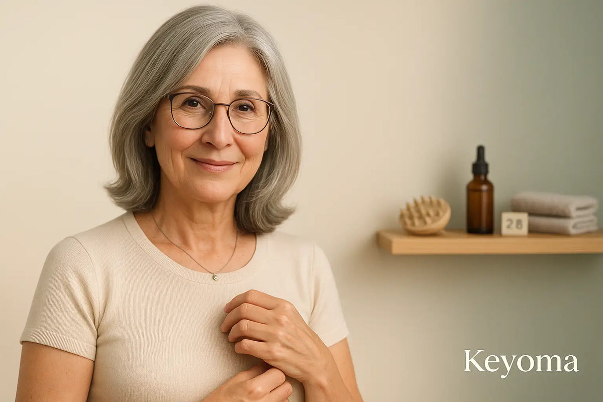Smiling older woman with natural gray hair stands beside scalp oil and massager, Keyoma gentle care.