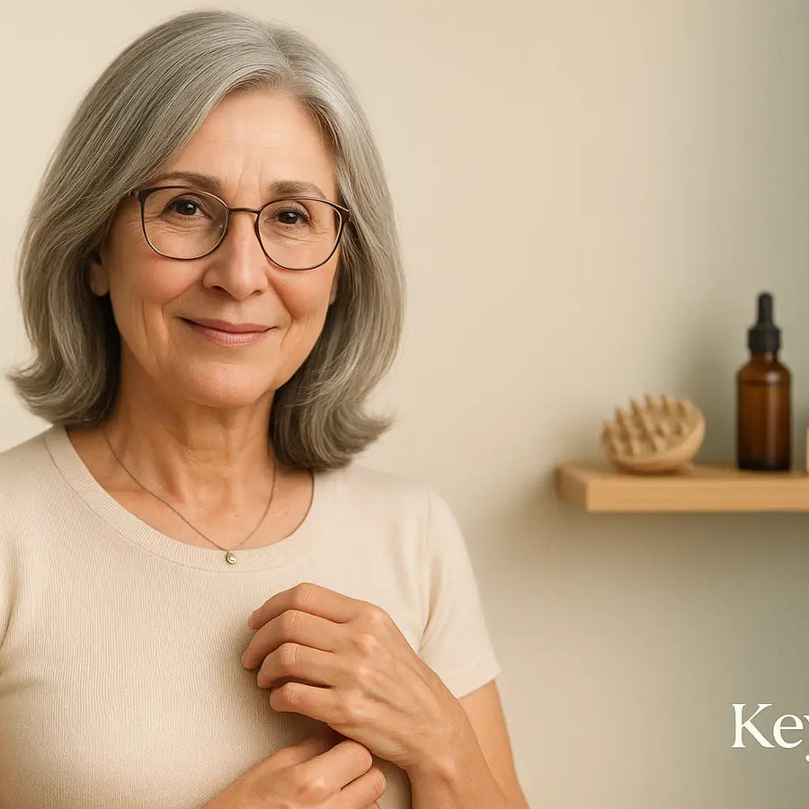 Smiling older woman with natural gray hair stands beside scalp oil and massager, Keyoma gentle care.