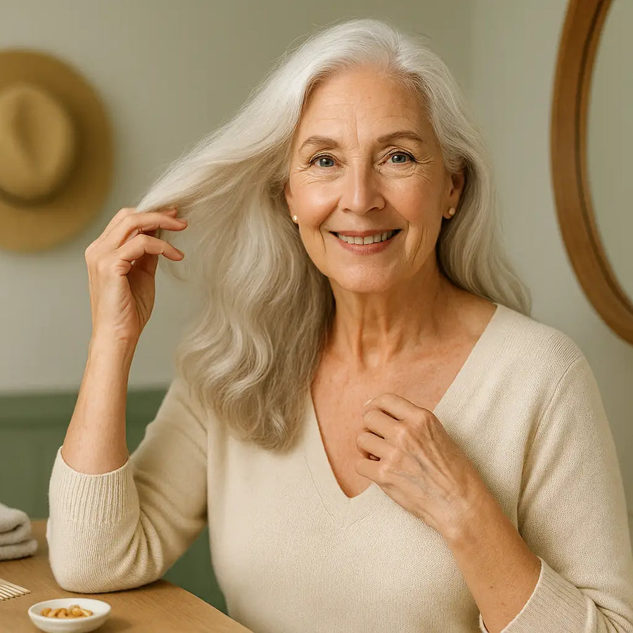 Smiling older woman with healthy gray hair sits by vanity, illustrating Keyoma gentle care routine.