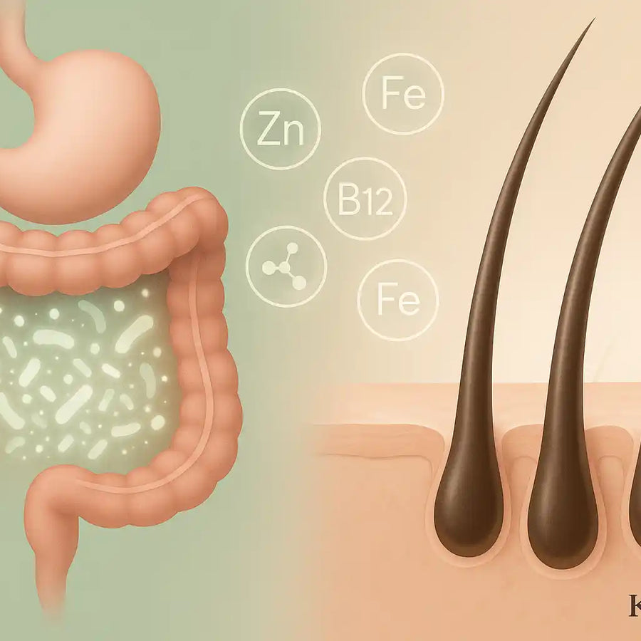 This Keyoma graphic shows how gut health and nutrient absorption impact hair follicle strength and regrowth.